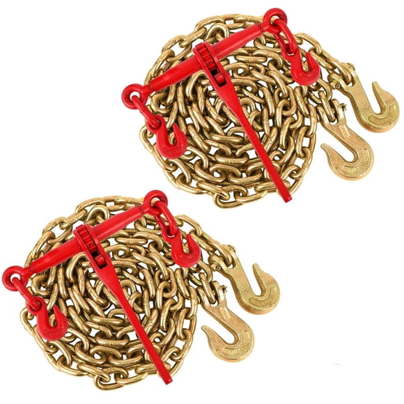 3/8"-1/2" Chain Load Binder, Tie Down Kit w/Grappling Hook, Grade 70 Binders and Chains, Load Transport Binder Chain for Flatbed Truck Trailer, Sets of 2