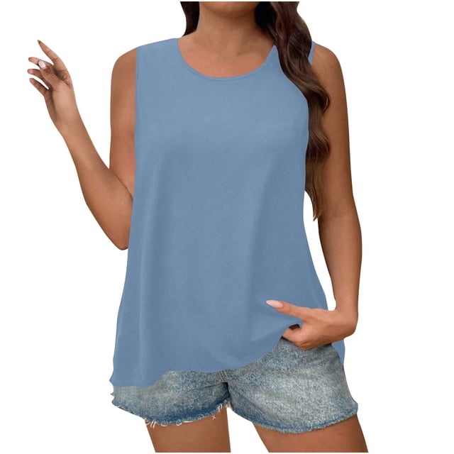 Plebaso Débardeurs 2025 pour Femmes Amples Décontractés Sans Manches Chandails Col Rond Couleur Unie Tunique d'Été Blouse