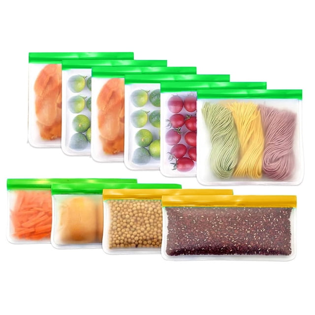 Sacs de Rangement Alimentaires Réutilisables - Lot de 10 Sacs de Congélation Réutilisables d'Un Gallon Fabriqués en Matériau PEVA de Qualité Alimentaire en Motifs Multicolores. Comprend 10 Pcs de Tailles Variées (22x12cm, 22x13.5cm, 22x20cm, 26x20cm), avec Fermetures à Double Scellage pour un Rangement Étanche et Étanche. Idéal pour Congélation de Viandes, fruits, Légumes et pour Ranger des Collations, du lunch Ou des Fournitures de Bureau.