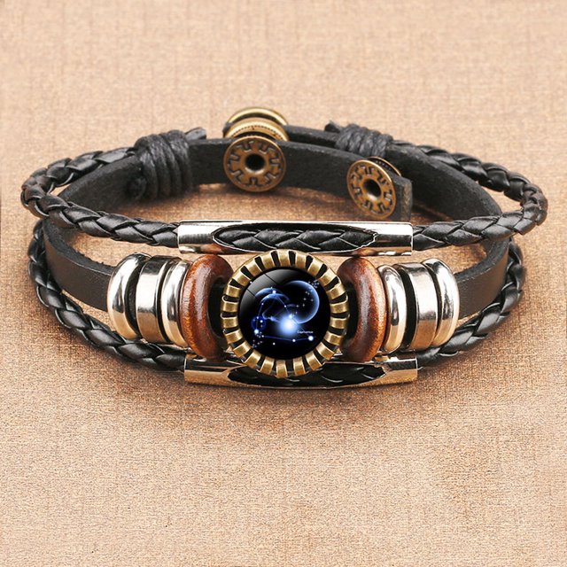 TopLLC Bracelets 12 Constellation Bracelet Leather Rope Bracelet Ladies Men Hand Woven Rope Bracelet Punk Chain Cuffs a Bracelet