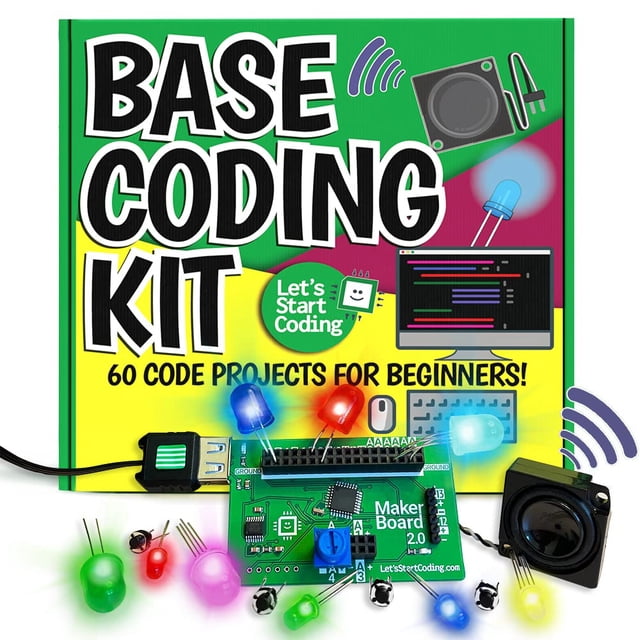 Base Kit Computer Coding Game for Kids 8-12+ and Teens by Let's Start Coding. Includes a green Maker Board 2.0, various LED lights, a speaker, and USB cables, with a colorful background showcasing '60 Code Projects for Beginners!' text. Ideal for learning C++ coding and electronics with over 60 projects.