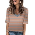 thumbnail image 2 of Penkiiy T-Shirts à Manches Courtes à Blocs de Couleur Rayés pour Femmes, Col Rond, Décontractés, Amples, Chandails à Enfiler, Hauts d'Été, Tee-Shirt 2TG Beige, 2 of 5