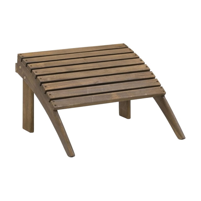 Teak Adirondack Outdoor Ottoman with a sturdy slatted top crafted from solid acacia wood finished in teak stain, featuring angled legs for stability, suitable for indoor or outdoor use as a footrest or extra seating complementing Adirondack furniture.