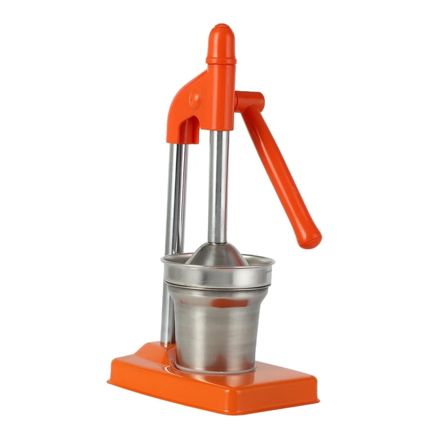 Extracteur de Jus Manuel Commercial à Pression Manuelle avec Poignée pour orange et base, Doté d'Une Tasse-Filtre en Acier Inoxydable et d'Un Mécanisme à Pression. Conçu pour Extraire le Jus des oranges, limes et Citrons. l'Extracteur de Jus a une Conception Robuste et Ergonomique avec une base Grand pour la Stabilité, Convient à un Usage Commercial Ou Domestique. les Dimensions Sont d'Environ 18 cm x 12,5 cm x 35,5 cm.