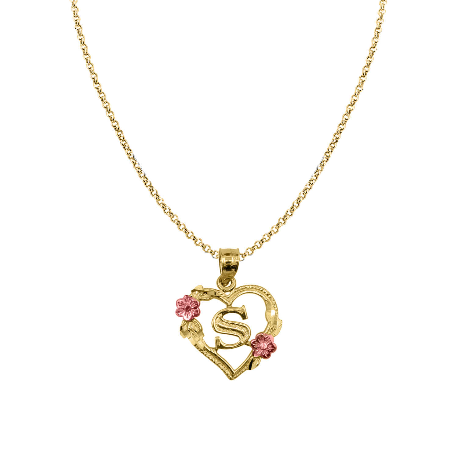Precious Stars 14K Two-Tone Gold Flower and Heart-shaped Initial 'S' Pendant with 18" Chain Necklace