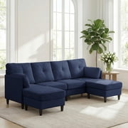 Mjkone U-Shaped Sectional Sofa,Ice Velvet Couch with Double Ottomans,4 Seat Sectional Sofa for Living Room,Blue
