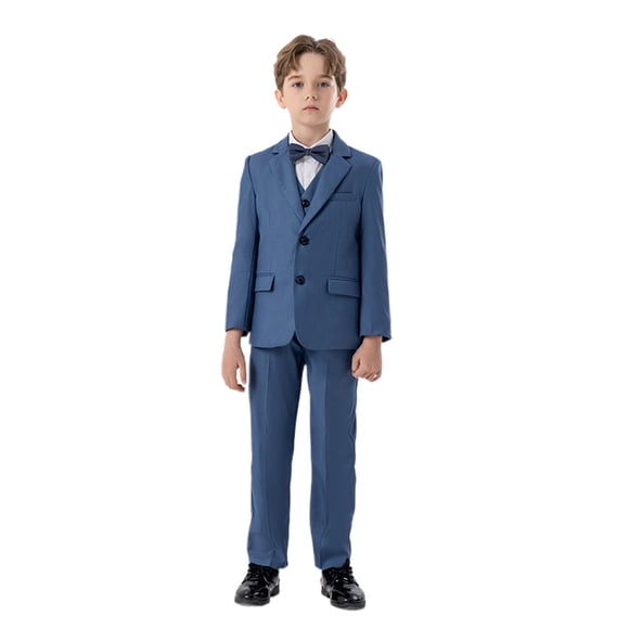 PMVFHDE Girl Christmas Romper Boys Business Suits Coat 4 Piece Outfit Tuxedo Set For Kids Formal Suit For Boys With Vest Pants Bowtie Set Slim Dark Blue,5-6 Years