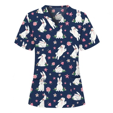 Pisexur Womens Nursing Scrub Tops Easter Eggs Bunny Rabbit Printed Working Uniform Short Sleeve V Neck Workwear Blouse T-shirt with Pockets