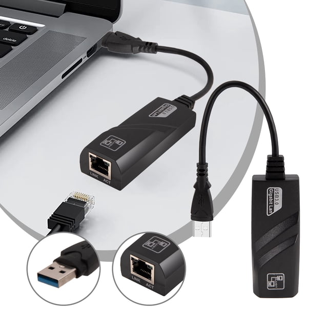 Vaidha USB 3.0 to Gigabit Ethernet Adapter with a compact black design, USB-C to RJ45 network converter, and plug-and-play functionality. The adapter features a USB 3.0 port and an RJ45 LAN port, supporting fast network speeds up to 1000Mbps. Shown connected to a laptop with an Ethernet cable, it is lightweight and portable, ideal for laptops and desktops requiring wired LAN connectivity.