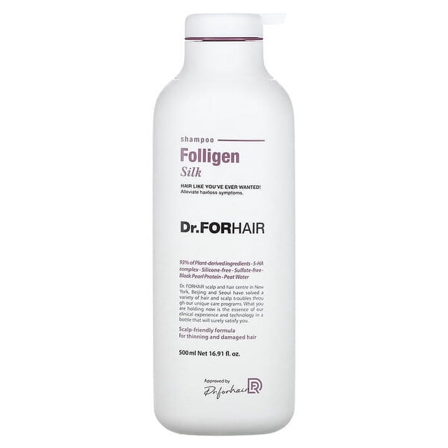 Dr.FORHAIR Folligen Silk Shampoo 500ml in a white pump bottle with purple and black text, formulated with plant-derived ingredients to nourish the scalp and restore vitality to thinning, damaged hair, suitable for daily use.