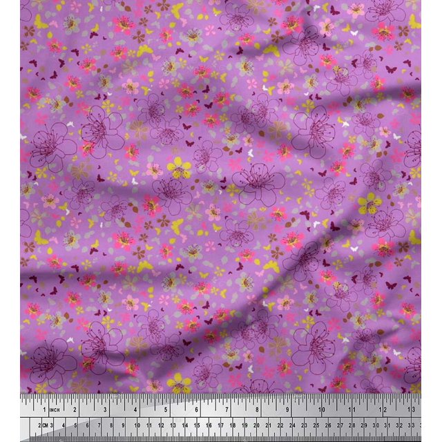 Soimoi polyester Crepe Fabric Leaves,Butterfly & Flower Floral Print Sewing Fabric Yard 52 Inch Wide