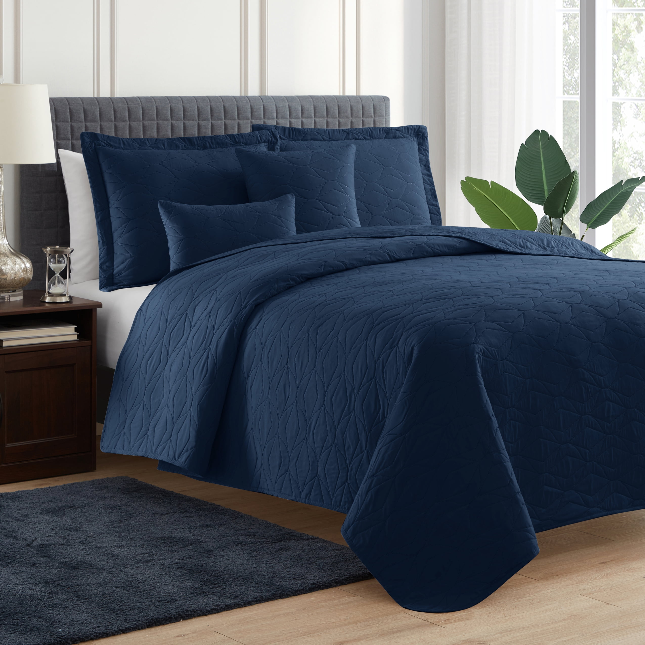 Clara Clark Ensemble de Courtepointe 4 Pcs Lit Simple avec Taies d'Oreiller et Taies Euro, Couvre-Lit Léger en Microfibre Douce, Couvre-Lit Style Moderne à Tissage Ellipse, Bleu Marine