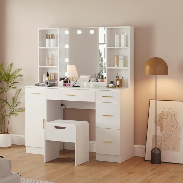 Bingirl Vanity Desk with Mirror and LED Lights, Makeup Vanity with Power Outlet, 3 Colors Light, Makeup Table with 5 Drawers & Open Shelves for Bedroom