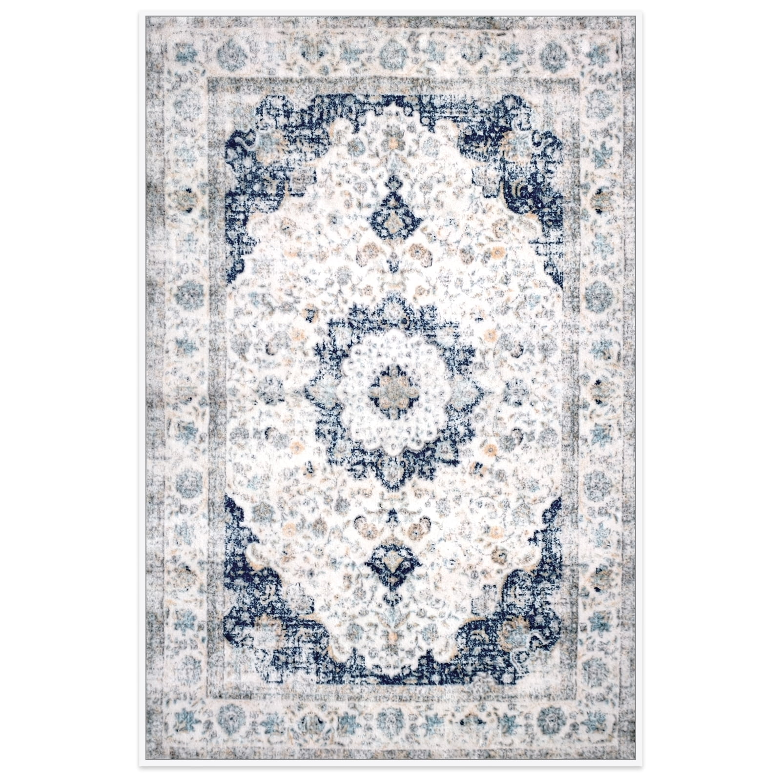 Meafeng 2.6' x 3.9' Area Rugs, Washable Vintage Rugs for Living Room Bedroom, Low Pile Non-Slip Carpet 3x4, Blue