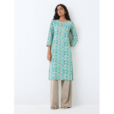 DWEEP SARA Turquoise Blue Viscose Rayon Ethnic Motifs Straight Kurta XL-42
