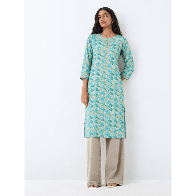 DWEEP SARA Turquoise Blue Viscose Rayon Ethnic Motifs Straight Kurta XL-42