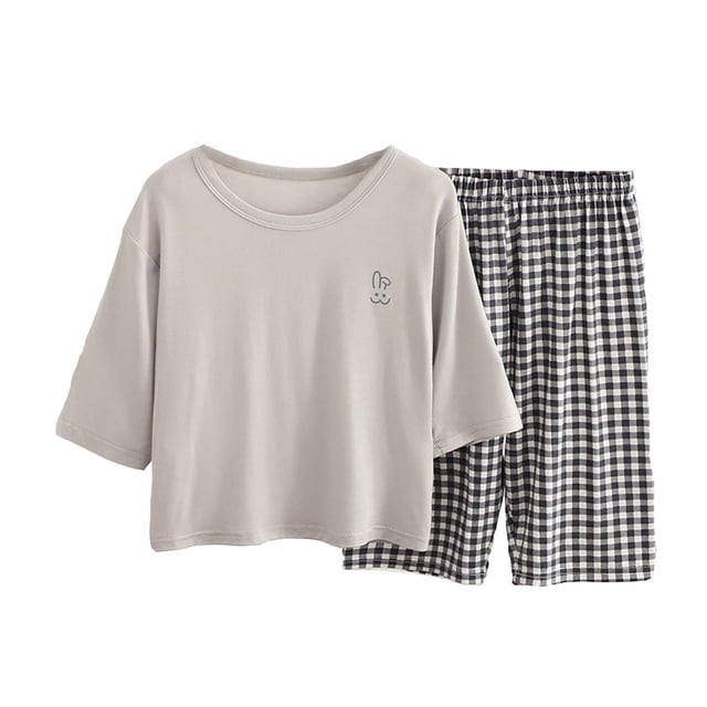 MIASHUI Ensemble de Détente Léger pour Garçons, T-Shirt à Manches Courtes d'Été, Short à Carreaux, Pyjama pour Filles, Gris, 15-16 Ans