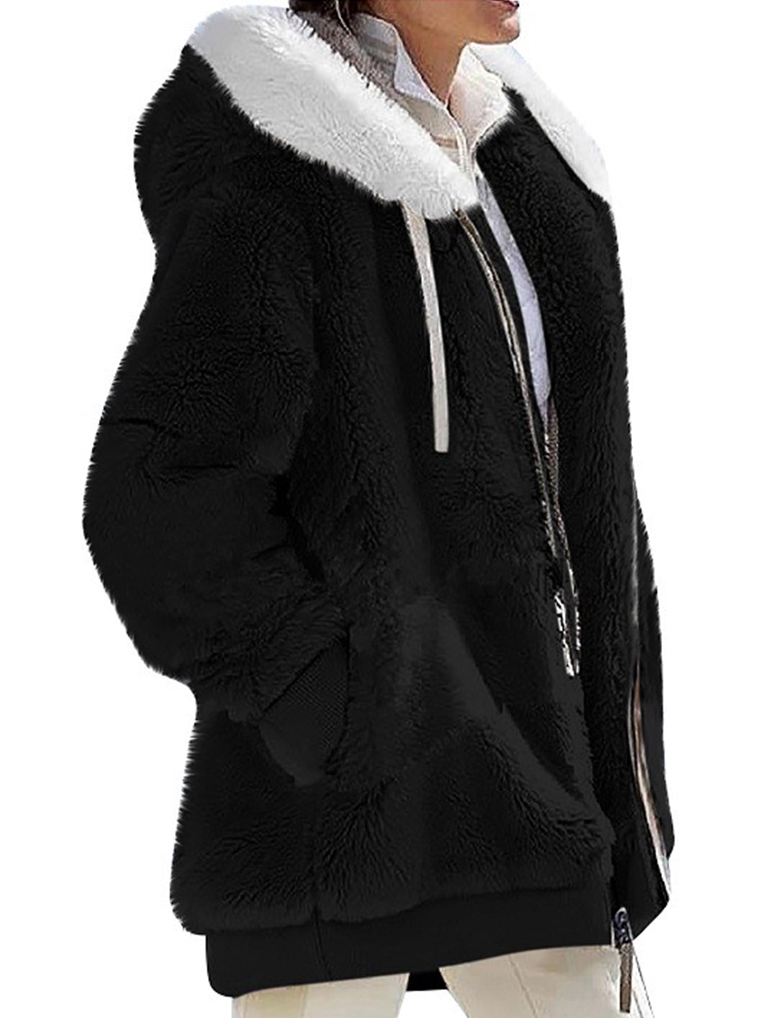 MAWCLOS Ladies Thickened Solid Color Hooded Cardigan Winter With Pockets Sherpa Coat Black L