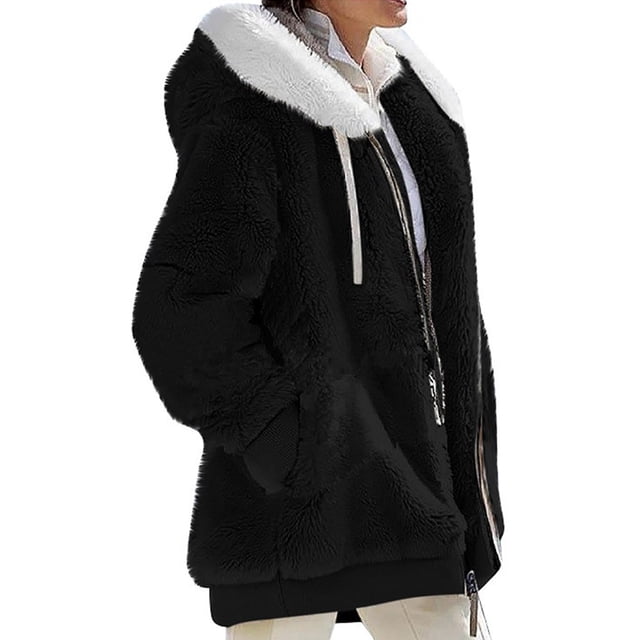 MAWCLOS Ladies Thickened Solid Color Hooded Cardigan Winter With Pockets Sherpa Coat Black 3XL. A women's oversized black sherpa jacket with white fleece lining, hooded design, long sleeves, front zipper closure, and two side pockets. Ideal for casual outings, winter layering, and staying warm during cold weather.