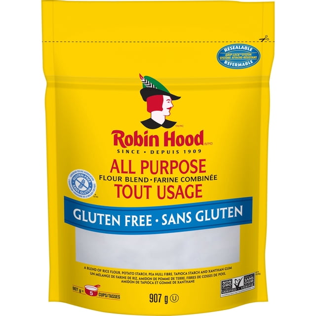 Robin Hood Mélange de Farine Tout Usage Sans Gluten 907 g dans un Sac Jaune Refermable Mettant en Vedette le logo Robin Hood et la certification Sans Gluten. Ce Mélange de Farine de Riz, d'Amidon de Pomme de Terre, de fibre de Pois, d'Amidon de tapioca et de Gomme Xanthane Convient à la Cuisson de Biscuits, muffins, Pains et Pâtisseries.