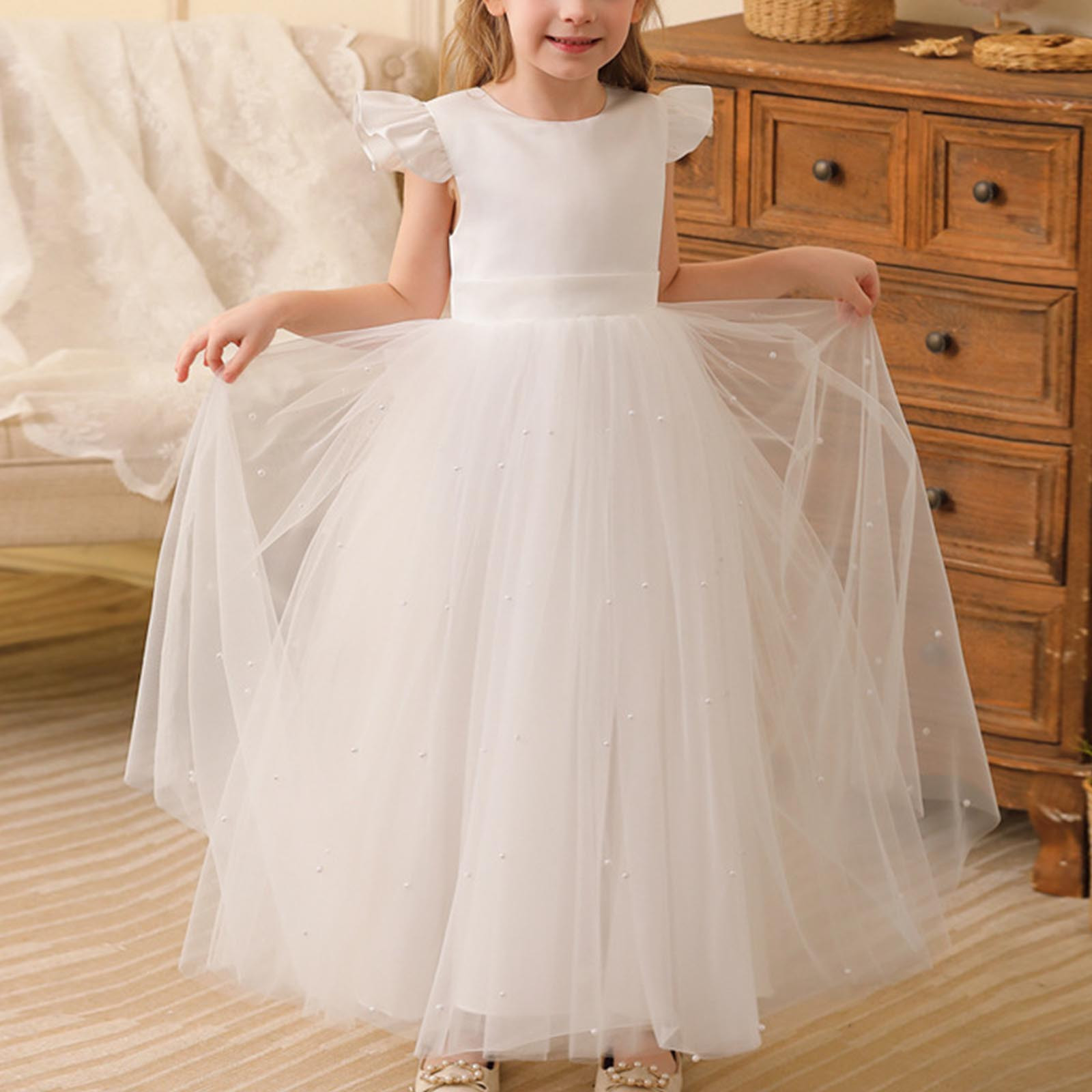 LOVZFMLL Jupe Princesse à Nœud pour Filles, Été, Manches Courtes, Volants, Dentelle, Col Rond, Broderie, en Maille