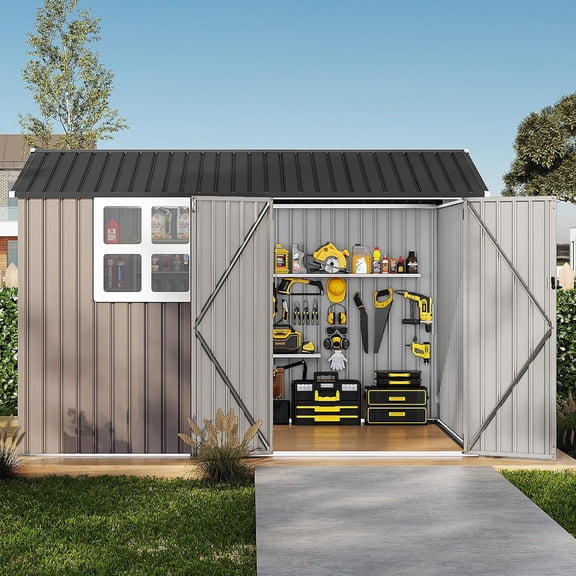 8x10 Ft Outdoor Metal Storage Shed Garden Tool Shed with Lockable Doors and Windows Galvanized Steel Construction for Backyard Lawn and Patio - Brown