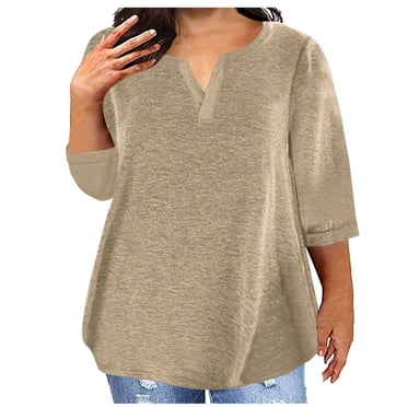 Kaemgyyd Hauts Grande Taille pour Femmes Unis Chemise à Manches 3/4 Décontractée Col en V Ample Ourlet Arrondi Tunique Fluide T-Shirt Vêtements d'Été 2025