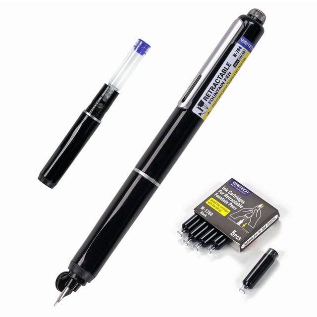 WRITECH RETRACTABLE FOUNTAIN PEN with a fine nib and black ink, shown alongside its components including a detachable ink cartridge, a set of 5 ink cartridges, and a black pen body with a retractable mechanism. Ideal for calligraphy, sketching, and journaling.