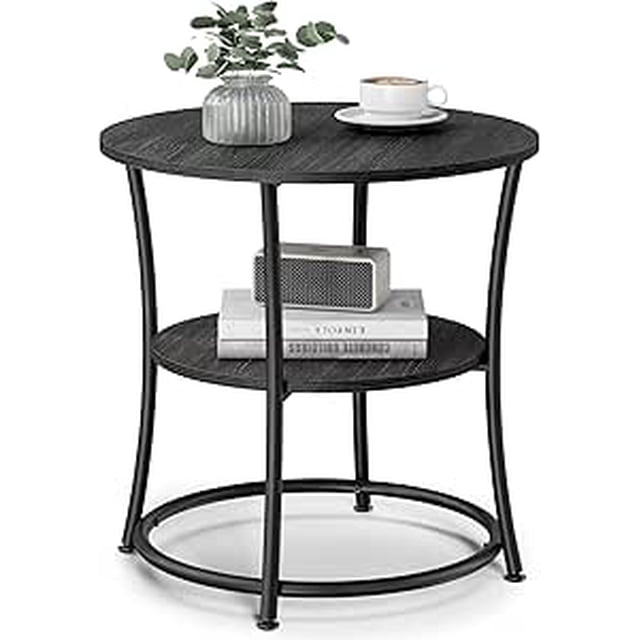 VASAGLE Side Table, 2-Tier Round End Table, Nightstand with Steel Frame for Small Spaces, Living Room, Bedroom, Charcoal Gray and Ink Black