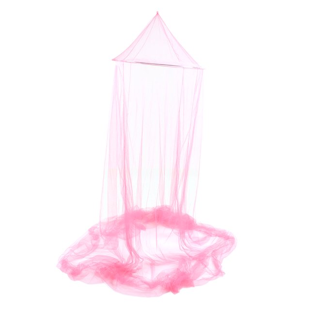 Bed Mosquito Net, Skin Friendly Portable Mesh Bed Canopy in pink, made of washable polyester fiber. Features a dome-shaped top with a diameter of approximately 60cm (2ft) and a total length of 250cm (8.2ft). The lower circumference measures 900cm (29.5ft). Designed without a door for easy entry and exit without bringing in mosquitoes. Lightweight and foldable, suitable for home bedrooms, especially kids' rooms, to protect against mosquito bites and dust. Includes one mosquito net and a manual.