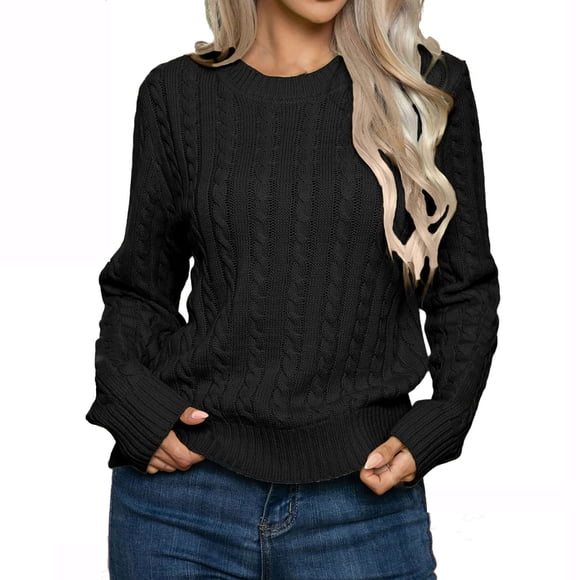 Mrat Woman Sweaters for Winter Women's Round Neck Sweater Fashion Casual Pullover Long Sleeve Knit Long Sleeve Fall Sweater S-179 Black L