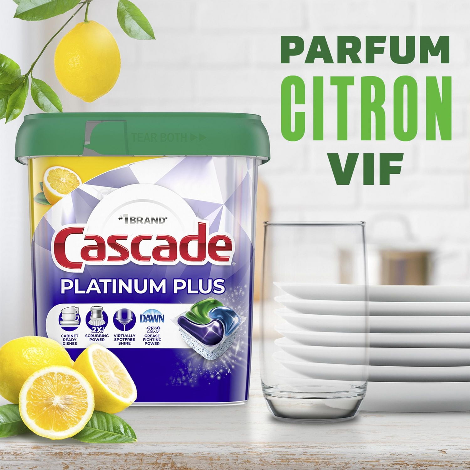 Cascade Platinum Plus Dosettes pour Lave-Vaisselle, Détergent pour Lave-Vaisselle ActionPacs, Citron Net 21CT
