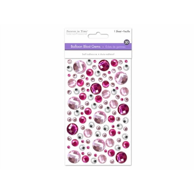 Balloon Blast Gems sheet containing self-adhesive, round faceted gem stickers in light pink, dark pink, and clear colors, with the largest gem measuring approximately 0.75 inches, designed for face stickers and body makeup, also suitable for craft decoration.