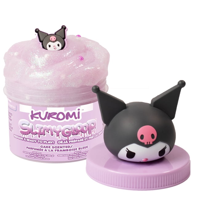 Kuromi SLIMYGLOOP Jar, 8 oz Purple & White Cake-Scented Slime with glittery purple and white pre-made slime in a clear jar topped by a black Kuromi charm with a pink skull, suitable for sensory play and creative fidgeting.