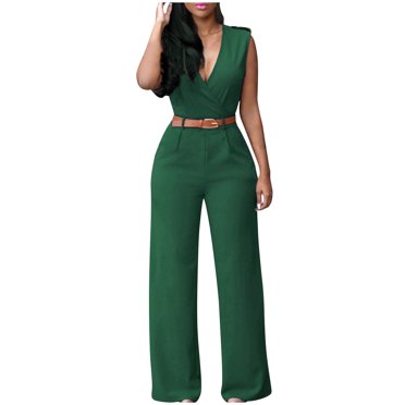 FAIWAD Womens Sleeveless Jumpsuits Solid Color Deep V High Waist Rompers with Belt Business Office Wide Leg Jumpsuits