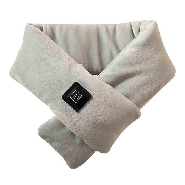 Heating Pads for Neck and Shoulders Hot Compress Shoulder Pad USB Charging Winter Warm Heating Scarf in grey color. The scarf features a soft, skin-friendly thermal fabric and a visible power button for easy operation. It offers three adjustable temperature modes: high (60°C), medium (50°C), and low (40°C). Designed for comfort and warmth, it is washable and powered via USB, making it suitable for outdoor activities or gifting during winter.