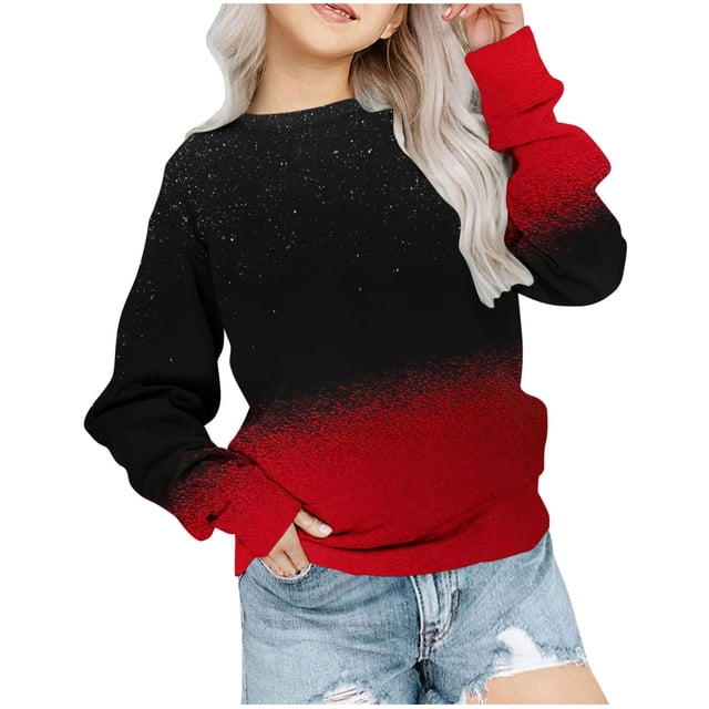 Chandail en Molleton pour Enfants Garçons Filles Mode Mignon Dégradé Manches Longues Col Rond Rouge