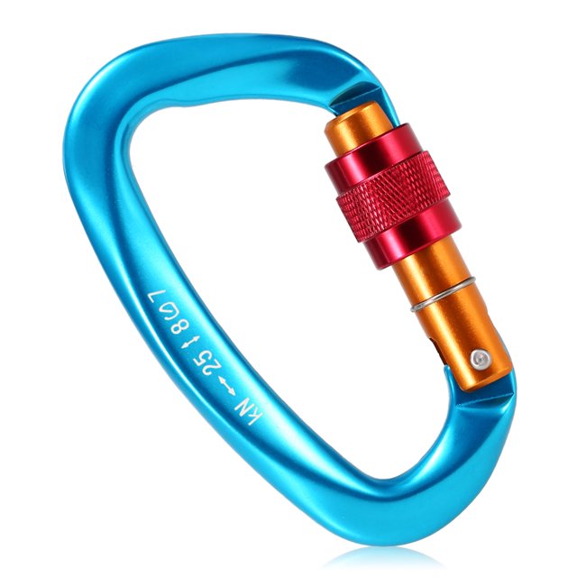 Amdohai 25KN Screw Locking Gate Carabiner in a vibrant blue finish with red and orange screw locking mechanism. Constructed from aviation aluminum alloy, this heavy-duty D-shape buckle is ideal for climbing, rappelling, canyoning, and hammock use. Suitable for hiking equipment, it features a tensile capacity of 25KN and a 0.6-inch open gate.