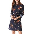 thumbnail image 3 of Allegra K Robe-Chemise à Fleurs pour Femme à Revers, Boutonnée, Ceinturée, S Bleu Foncé, 3 of 8