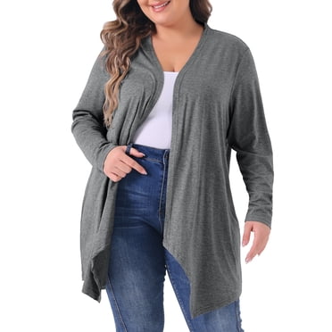 GRACE & GRANDEUR Cardigan Grande Taille pour Femmes à Manches Longues, Ouvert à l'Avant, Léger, Ourlet Haut-Bas, Couvre-Maillot Drapé, Gris 4X