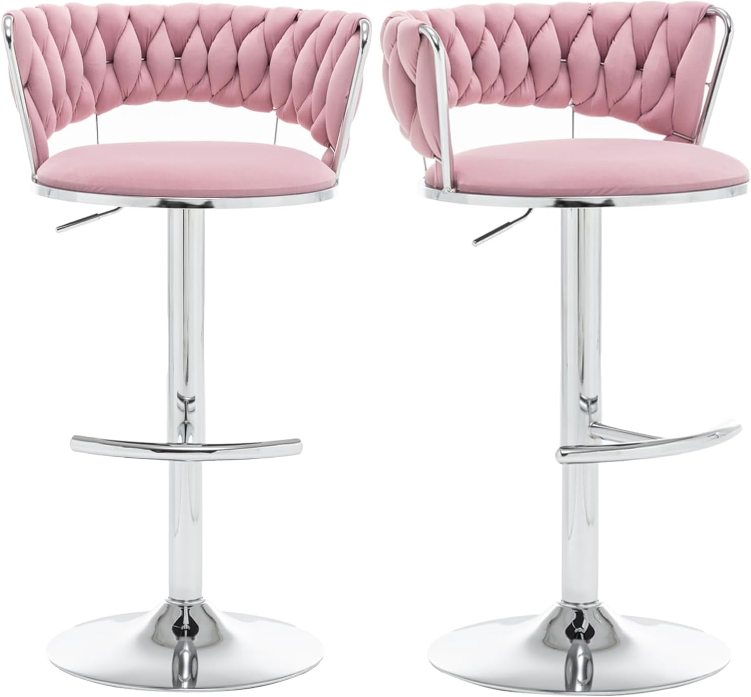 Velvet Bar Stools Set of 2, Counter Height Barstools with Low Back, Swivel Bar Stool for Kitchen Island, Pub (Pink)