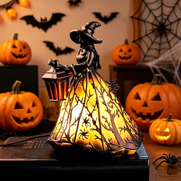 JJV Lampe de Sorcière d'Halloween, Veilleuse Sorcière Gothique Effet Vitrail, Lampe de Table Sorcière en Résine Lampe d'Ambiance d'Halloween pour Décoration de Fête Décor d'Halloween