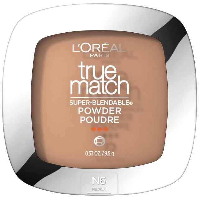 Oréal Paris True Match L' Poudre 9,5 g Teinte N6 Moyen, un Carré compact avec Bords Argentés Arrondis et une Fenêtre Transparente beige, Poudre pour le Visage Super Estompable, Conçue pour une Couvrance Modulable et Pesant 0,33 oz.