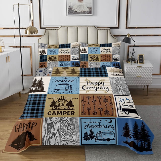 YST Happy Camping Coverlet Set King Rv Camper Quilt Set For Travel Trailers Bunks,Rustic Buffalo Plaid Pine Trees Camper Car Decor Bedspread Set Rv Accessories For Inside Bed Set