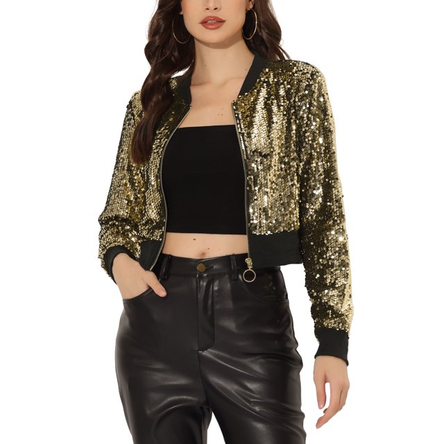 INSPIRE CHIC Blouson Bomber Court à Paillettes Scintillantes avec Fermeture Éclair pour Femme Or m