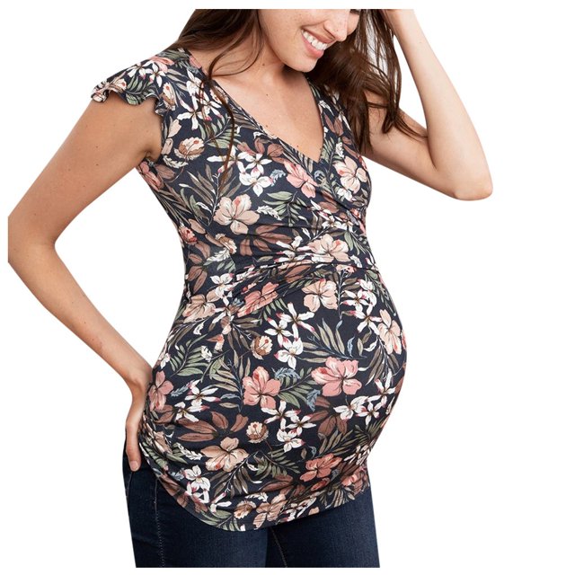 Kcodviy Femmes Enceintes Allaitement Maternité Coton Tunique de Maternité Col en V Manches Courtes Imprimée Grande Taille Blouse à Rayures de Maternité Hauts