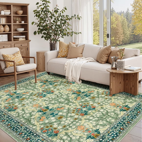 Area Rug 9x12 Green Living Room Rugs Washable Non Slip Floral Print Bedroom Rug Indoor Farmhouse Large Carpet for Dining Room Low Pile Botanical Floorcover for Home Office