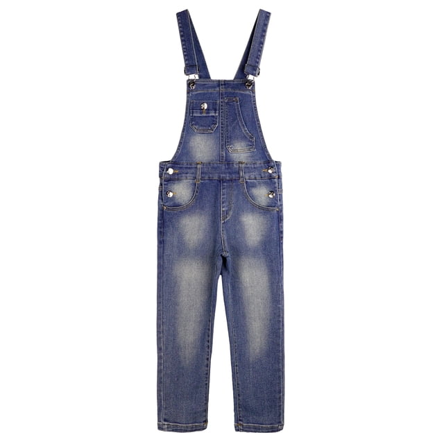 KIDSCOOL SPACE Boy Girl Overalls, Irregular Pockets Slim Denim Jumpsuit,Blue,5-6 Years