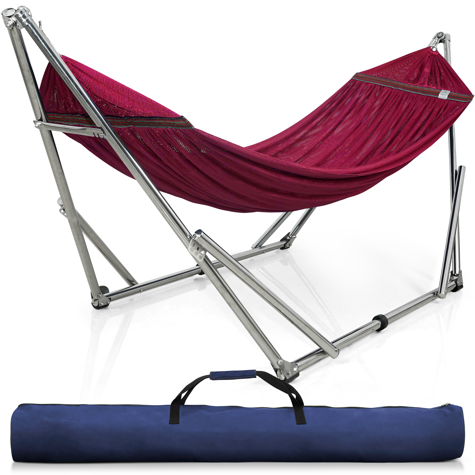 Tranquillo Adjustable Hammock Stand / Collapsible Hammock with Stand – Picnic Hammock Stand and 2 Layered Polyester Hammock Net for 2 Persons with Carry Bag - Supports up to 650lbs, Red