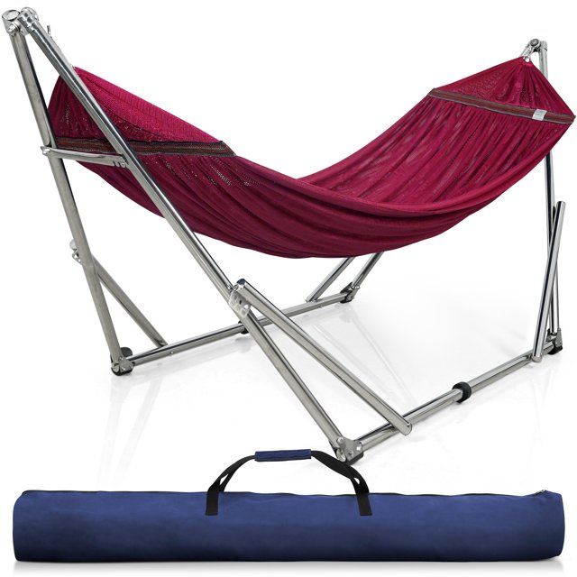 Tranquillo Support de Hamac Ajustable / Hamac Pliable avec Support – Support de Hamac de Pique-Nique et Filet de Hamac en Polyester à 2 Couches pour 2 Personnes avec Sac de Transport - Supporte jusqu'à 650 Lb, Rouge